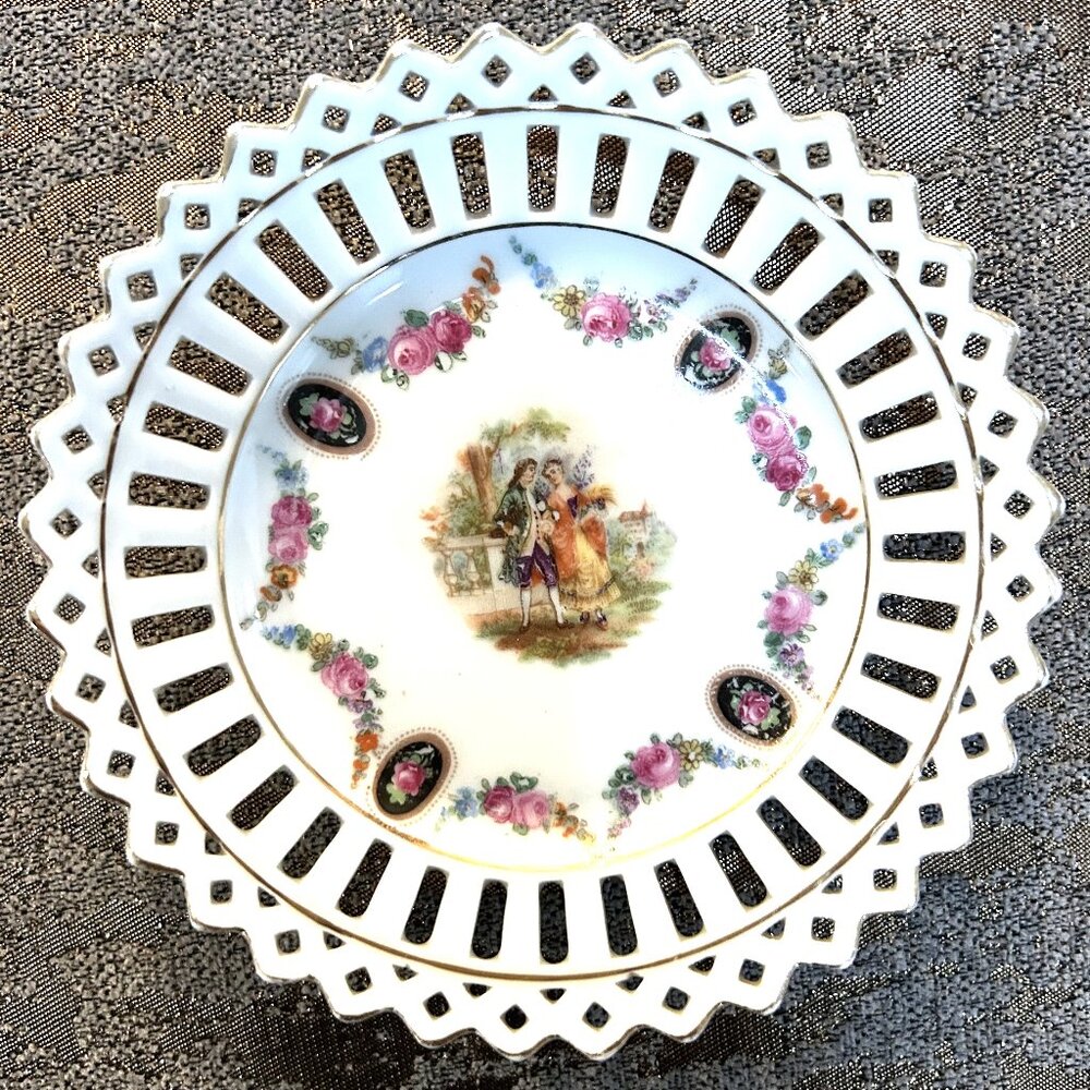 Vintage Bavaria Courting Couple Reticulated Lace Porcelain Plate Germany